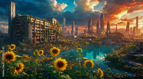 High resolution digital illustration of a futuristic post apocalyptic cityscape overgrown with vegetation and lush trees. 3d rendering of the end of civilization yet a world coming alive once again.  photo