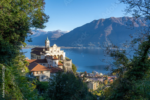 The village of Locarno on the Lago Maggiore, Kanton Ticino, Church Madonna del Sasso, Orselina, Switzerland. Site of Roman Catholic pilgrimage founded after a vision of the Virgin Mary appeared 1480
