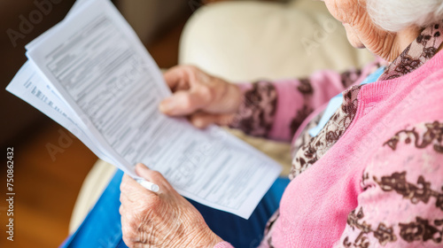 At home, an elderly woman wearing glasses sits on the sofa, holding bills in her hands. Bathed in warm indoor lighting, she appears focused as she reviews the financial documents.