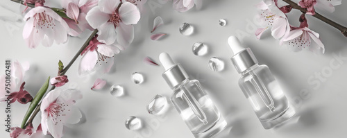 Glass bottles with natural transparent serum and cherry branches with flowers on a white background. photo