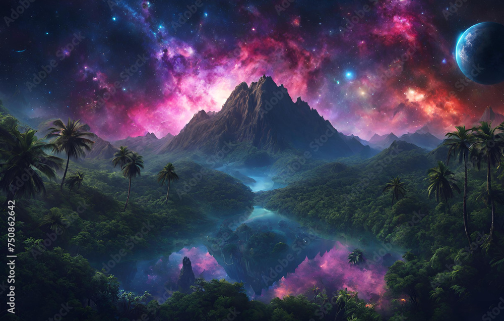 Beautiful celestial sky in dreamy fantasy with bright star in the sky over nature landscape, The mountain in the sky wallpapers