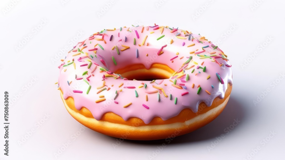 A doughnut in a delicate pink glaze, sprinkled with colorful sweet chips. A doughnut in a delicate pink glaze, sprinkled with colorful sweet chips.