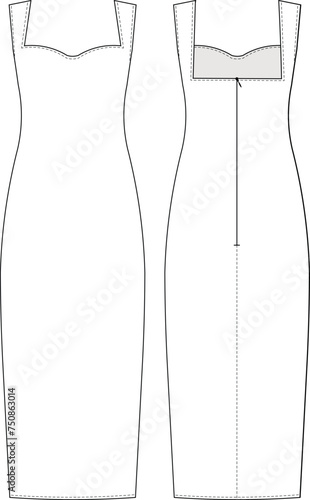 sleeveless square neck shoulder straps strappy zippered midi body-con dress template technical drawing flat sketch cad mockup fashion woman design style model
