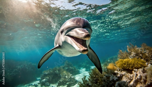 dolphin underwater on reef close coming to you with a smile  selective focus  © blackdiamond67