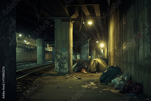 Tent set up outdoors on a city street under the bridge, simple tent of houseless person, homeless tent camp on a city street photo