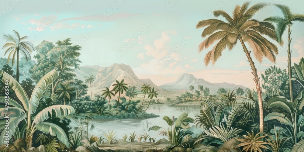 wallpaper jungle and leaves tropical forest, old drawing vintage - obrazy, fototapety, plakaty 