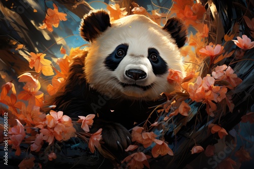 Panda rests on art scene with natural elements and abstraction., generative IA