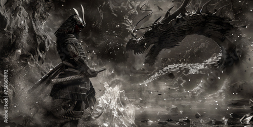 A samurai prepares for a battle with a dragon. Black and white photo. Generative AI
