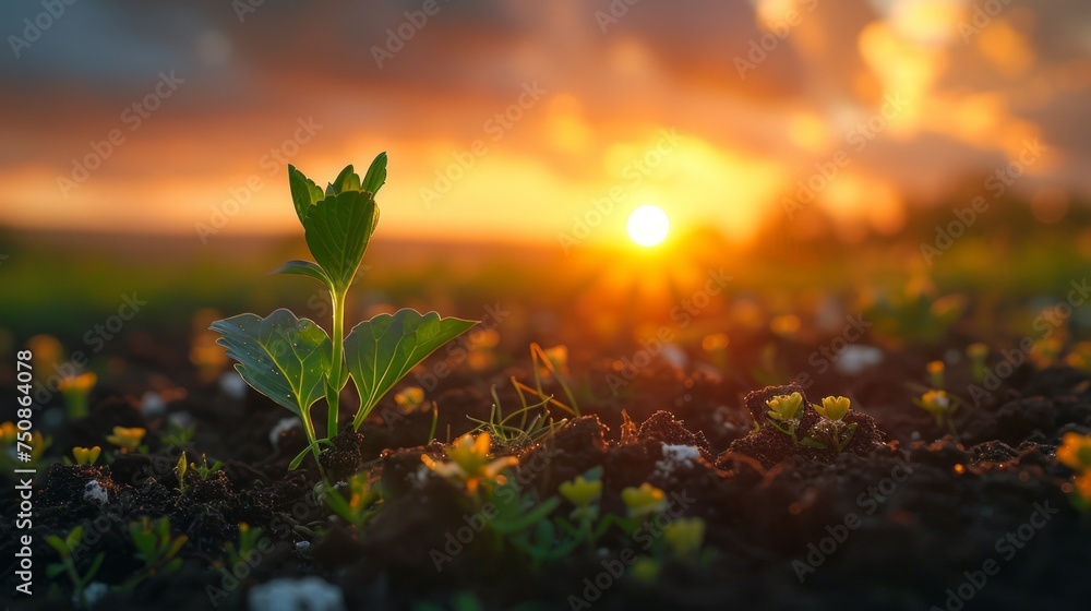 Close up view of seedlings sprouting in the gentle glow of the rural dawn symbolize growth and vitality. Close up view of seedlings sprouting in the gentle glow of the rural dawn symbolize growth and vitality.