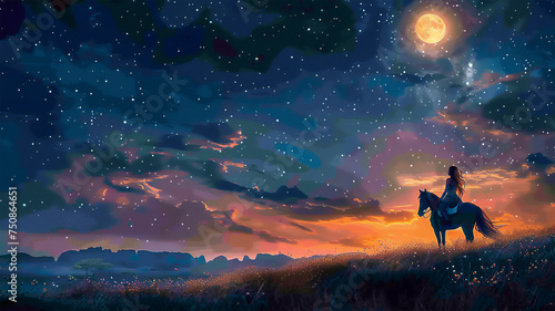 Beautiful woman on horseback under a fantastic sky. There is a bright moon and stars in the sky. Generative AI © Юрий Маслов