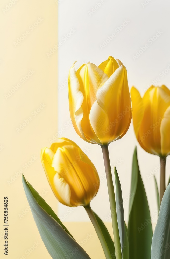 Naklejka premium yellow tulips on a soft light background with copy space