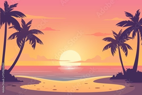  Orange sunset on the beach of a paradise island. Romantic sunset on a sandy beach with palm trees. Vacation vector illustration. Holidays at a seaside resort.