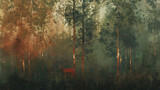 deer admiring the beauty of nature, tall trees with slender red trunks and lush green foliage. Generative AI