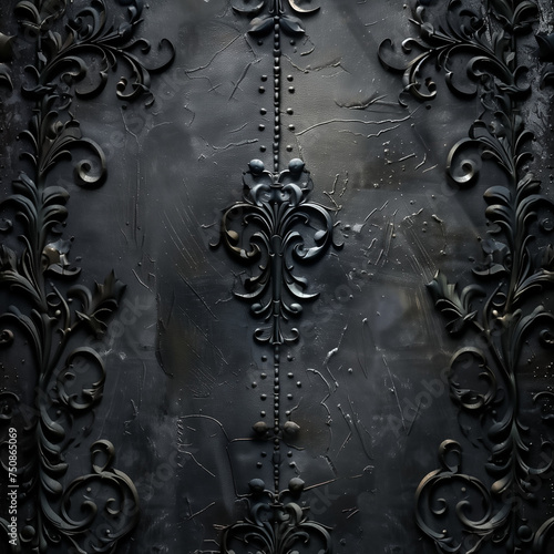 porte, portail en métal noir ouvrage en fer forgé plein, avec des motifs en bas relief. photo