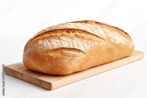 loaf of bread on a cutting board isolated on white background.