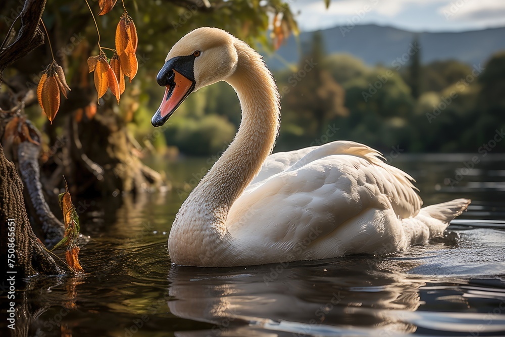 Fototapeta premium Elegant swan resting on serene lake., generative IA