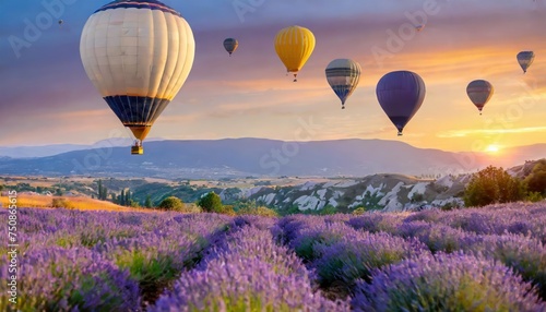  lavender field landscape in the background; purple colors, soft selective focus Hot air balloon