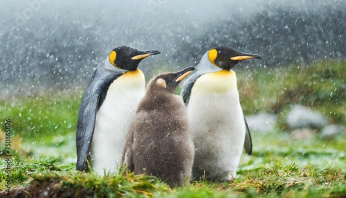 King Penguin  Aptenodytes patagonicus  Chicks in Creche in the rain. 