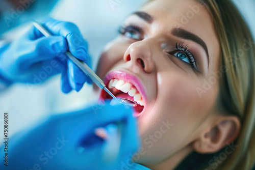 Woman receiving dental checkup from dentist in blue gloves in office setting