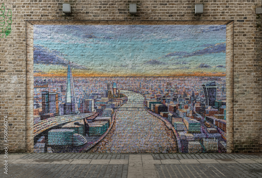 London, UK Dec 25, 2023 London cityscape mural by Jimmy C. This
