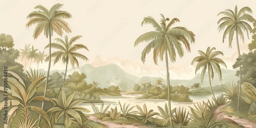 Fototapeta wallpaper jungle and leaves tropical forest, old drawing vintage