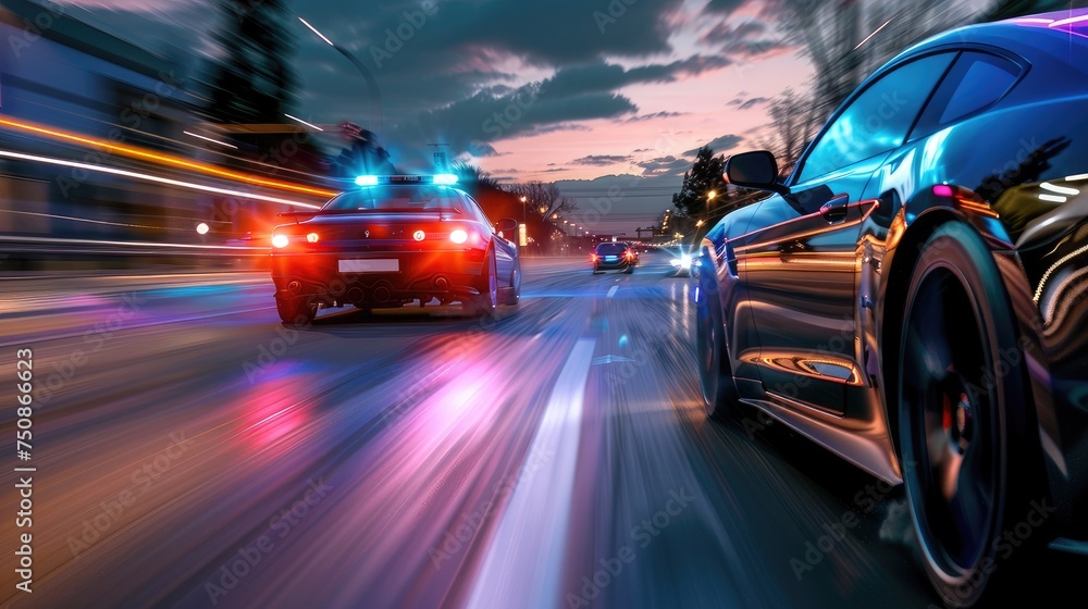 Police truck intercepts a speeding sports car, both at the roadside. Flashing lights and the speed limit sign emphasize law enforcement and road safety