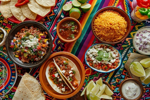Mexican food on a Mexican bright embroidered tablecloth