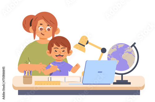 Happy mother and son with Down syndrome doing homework on isolated background. Child with special needs concept