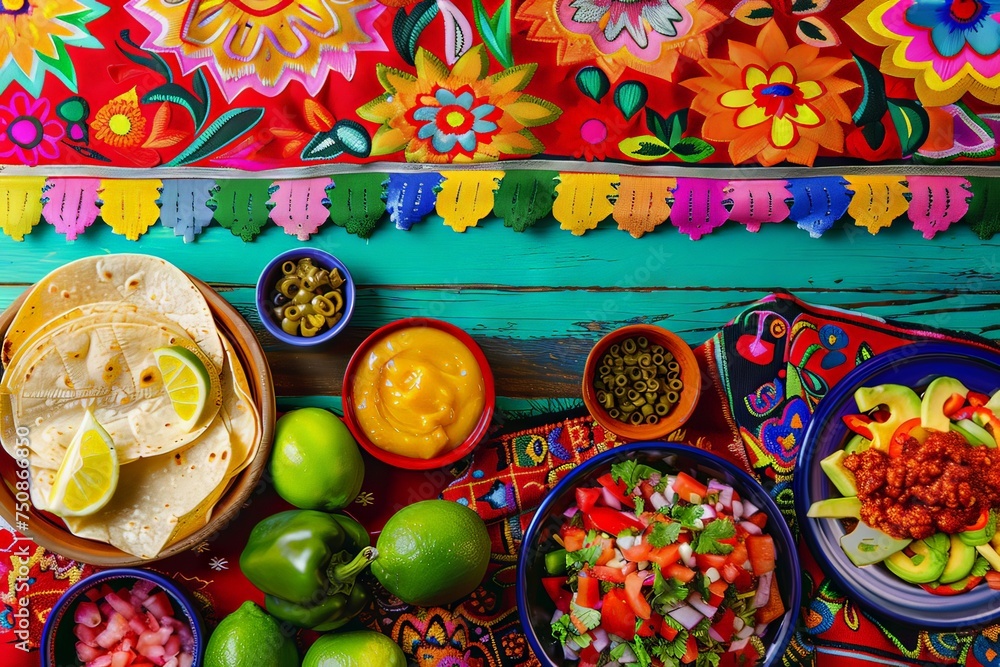 Mexican food on a Mexican bright embroidered tablecloth