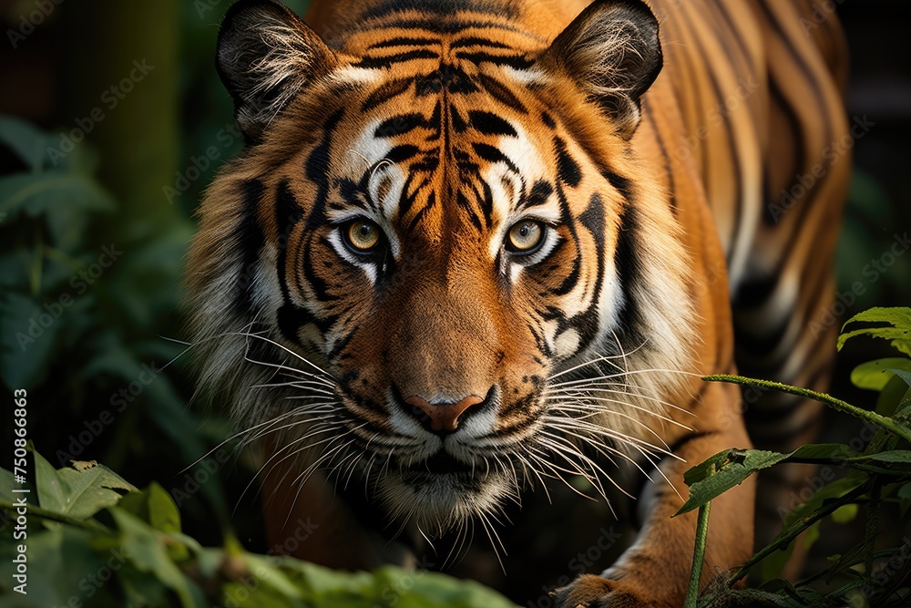 Majestic tiger in tropical jungle displays orange coat with black stripes., generative IA