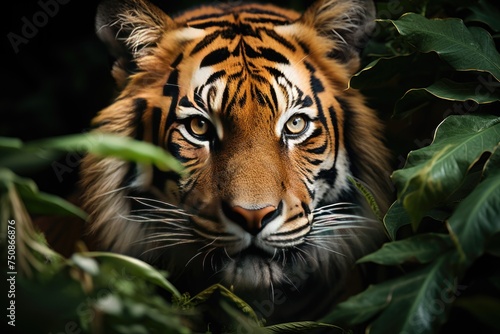 Majestic tiger in tropical jungle displays orange coat with black stripes.  generative IA