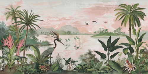 wallpaper jungle and leaves tropical forest, old drawing vintage