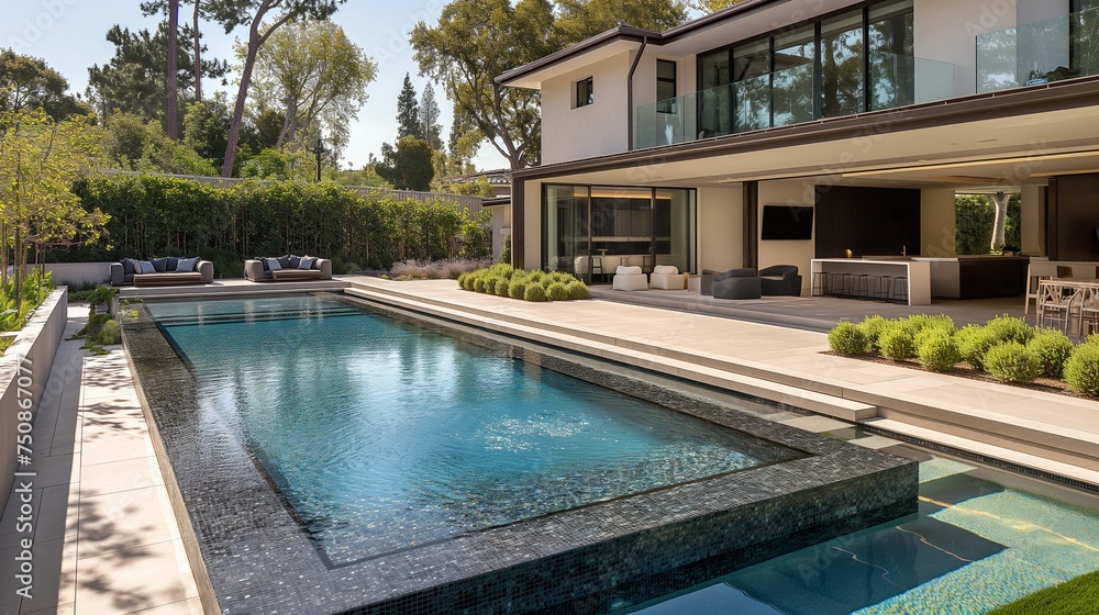 A glimpse into luxury living, a chic pool with mosaic accents, embraced by manicured gardens and a modern poolside lounge