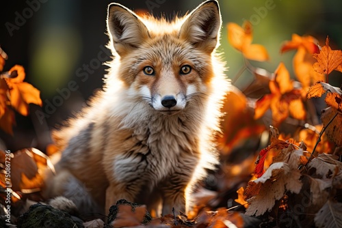 Red fox in the twilight forest, camouflaged between leaves., generative IA