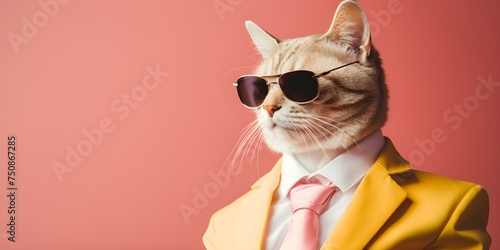 Cool cat donning shades and a dapper suit exudes feline sophistication. Concept Fashion, Cat, Sophistication, Dapper, Shades