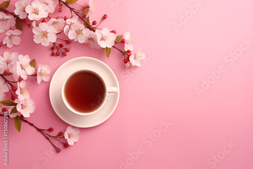 tasse de thé blanche sur sa soucoupe, remplie de thé, et entourée de branches de cerisier en fleurs. Fête du printemps avec la fleur symbole, sur fond rose avec espace négatif pour texte copyspace.