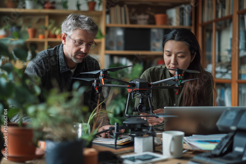 A business couple studying a drone in a home office
