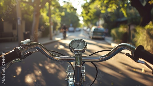 Bicycle handlebars on a sunlit city street - The perspective from a bicycle's handlebars looking down a tree-lined city street bathed in warm sunlight during a serene ride photo