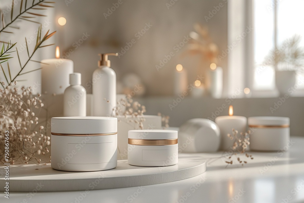 Three white facial cream jars with lids with golden rims, dispenser, bottle , burning candles standing on a white table Three white facial cream jars with lids with golden rims, dispenser, bottle , burning candles standing on a white table