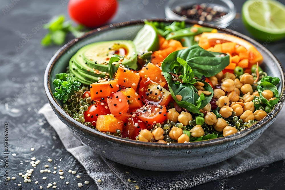 Colorful and healthy vegan buddha bowl - A vibrant and nutritious vegan buddha bowl filled with a variety of fresh vegetables and healthy ingredients