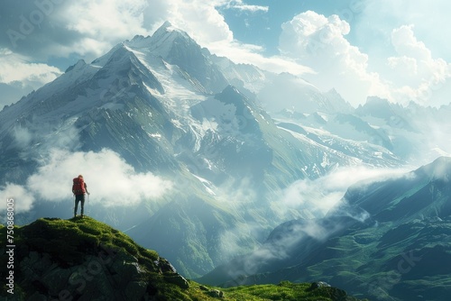 Explorer contemplates magnificent mountain views - Surrounded by vast greenery, a lone figure faces a towering mountain range amid swirling clouds and light rays