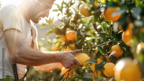 Farmer picking ripe oranges in sunny orchard - A focused farmer gently collects ripe oranges under the warm sunlight in a lush, green orchard