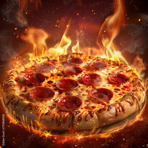 Flaming hot pepperoni pizza in fiery oven - Mouthwatering pepperoni pizza emerges with melted cheese and a fiery glow, suggesting delicious heat and taste