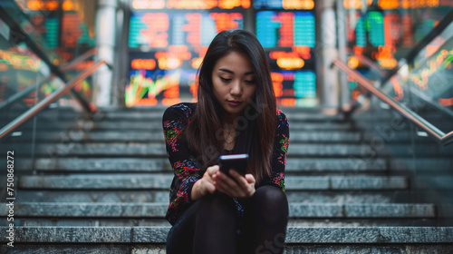 A woman taking a break from a creative workshop, sitting on stairs and looking at stock market data on her smartphone, Finance and Economy, Business Strategy, with copy space