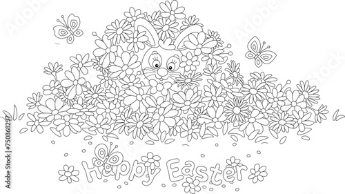 Greeting card with a happy Easter bunny among spring flowers and merry butterflies fluttering around a pretty flowerbed in a fairy garden, black and white vector cartoon illustration