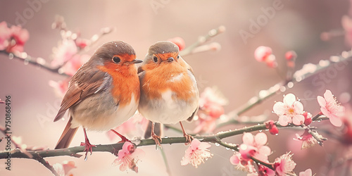 2 robins sitting next to each other on a branch