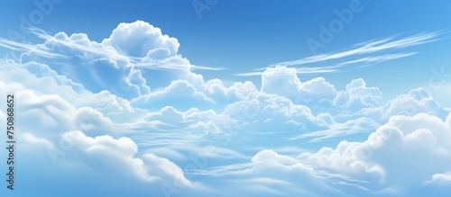 A painting showcasing a blue sky filled with fluffy white clouds, creating a natural and serene atmosphere. The ethereal beauty of the clouds against the blue sky is depicted in the artwork. © pngking