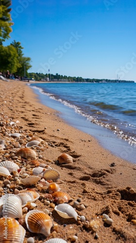 A pristine sandy beach with seashells. Sea Beach Landscape
