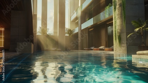 A glimpse of paradise in a detailed shot of a sunlit pool surrounded by modern architecture, exemplifying the epitome of leisure and opulence