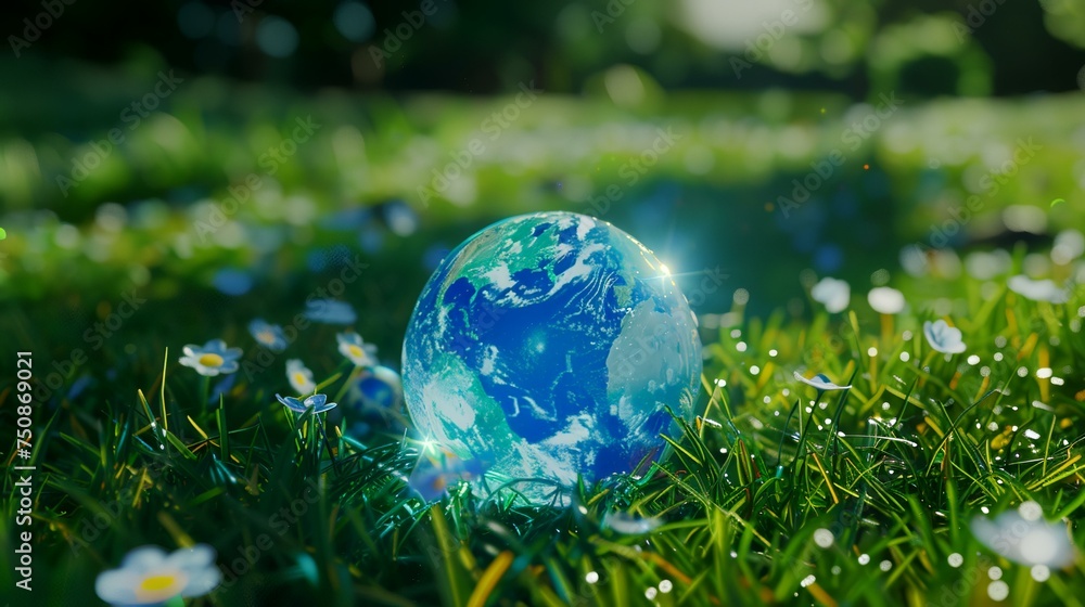 Blue hologram globe on the grass n the blurred Blue hologram globe on the grass n the blurred